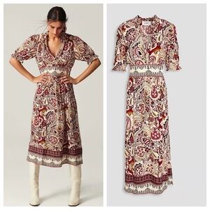BA&SH Bash Zael Paisley Midi Dress Bohemian Crepe Midi Floral Pink Red Medium